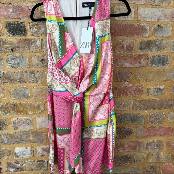 ZARA PATCHWORK PRINT DRESS MINI XS PINK GREEN PATTERNED SILK EFFECT 3253/221 - Picture 10 of 13